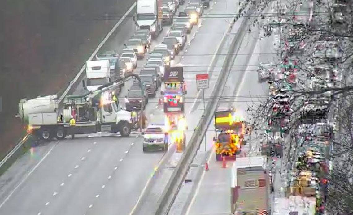 Vehicles were backed up because of flooding on a highway in Columbia. SCDOT Screen Grab