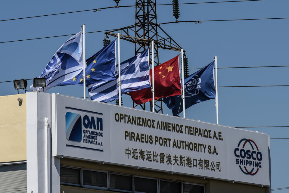 Central offices of Piraeus Port Authority with flags Piraeus Container Terminal operated by COSCO in Piraeus, Greece on August 13, 2018. (Photo by Wassilios Aswestopoulos/NurPhoto via Getty Images)