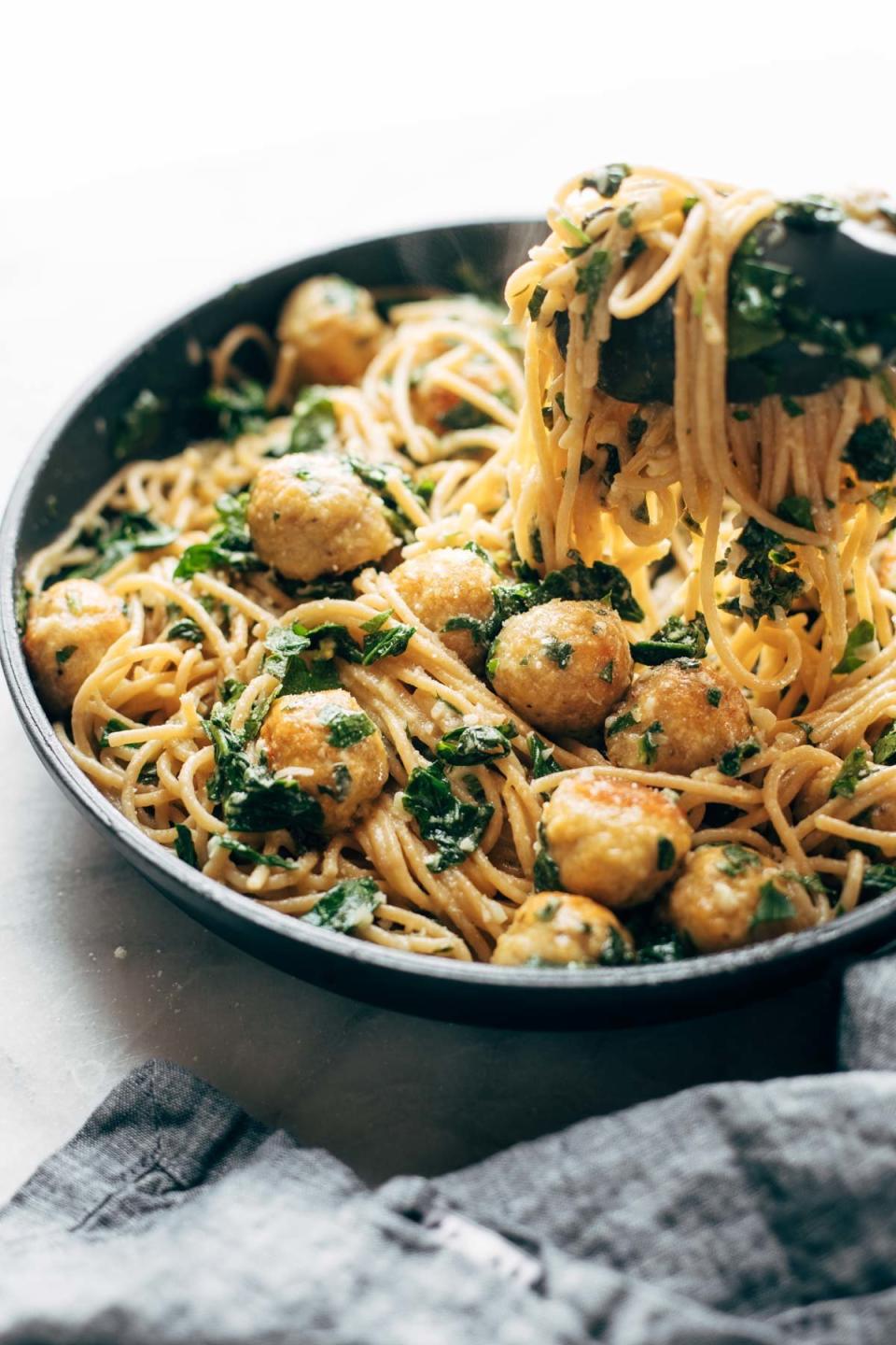 <strong>Get the&nbsp;<a href="https://pinchofyum.com/garlic-herb-spaghetti-chicken-meatballs" target="_blank">Garlic Herb Spaghetti with Chicken Meatballs</a>&nbsp;recipe from Pinch Of Yum</strong>