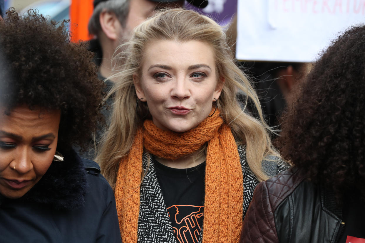 Natalie Dormer during the International Women's Day march in central London. (Photo by Jonathan Brady/PA Images via Getty Images)