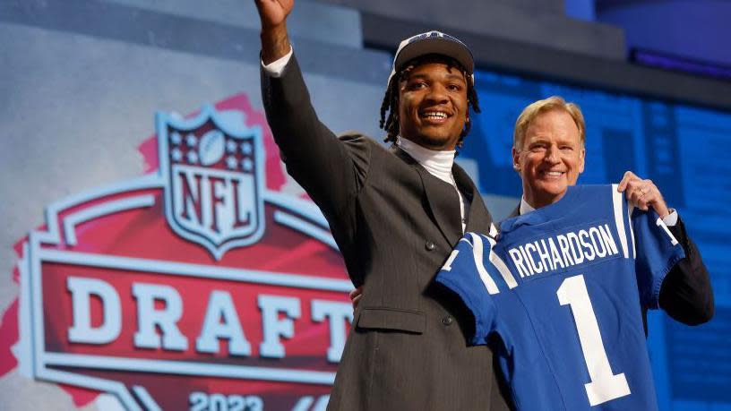 Anthony Richardson with NFL Commissioner Roger Goodell after being selected at the 2023 NFL Draft