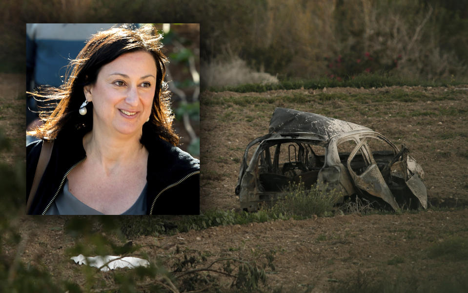 <span class="s1">A white sheet covers the body of Daphne Caruana Galizia (shown in inset) after a bomb blew up her car in Malta on Oct. 16. (Photos: Jon Borg/AP, Darrin Zammit Lupi /Reuters)</span>