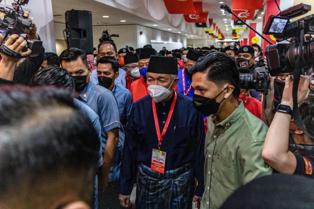 Umno president Datuk Seri Dr Ahmad Zahid Hamidi arrives for the Umno extraordinary general meeting (EGM)at the World Trade Centre in Kuala Lumpur May 15, 2022. — Picture by Firdaus Latif