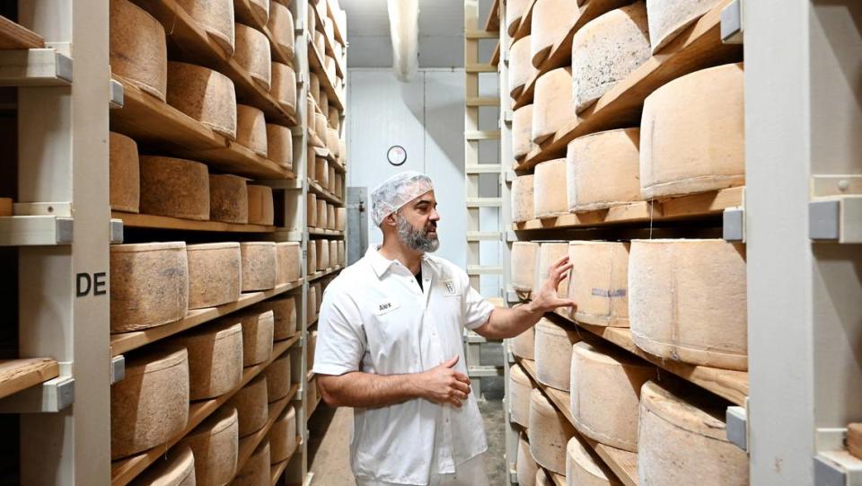 Operations manager Alex Borgo shows the aging room at Fiscalini Farmstead in Modesto, Calif., Wednesday, April 10, 2024.