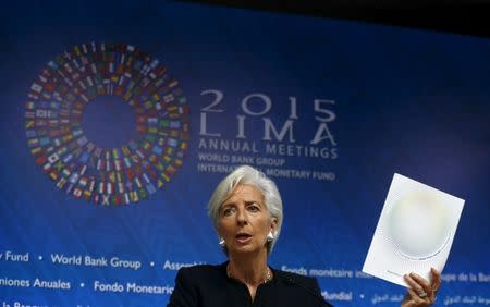 International Monetary Fund (IMF) Managing Director Christine Lagarde speaks during a news conference during the 2015 IMF/World Bank Annual Meetings in Lima, Peru, October 8, 2015. REUTERS/Mariana Bazo