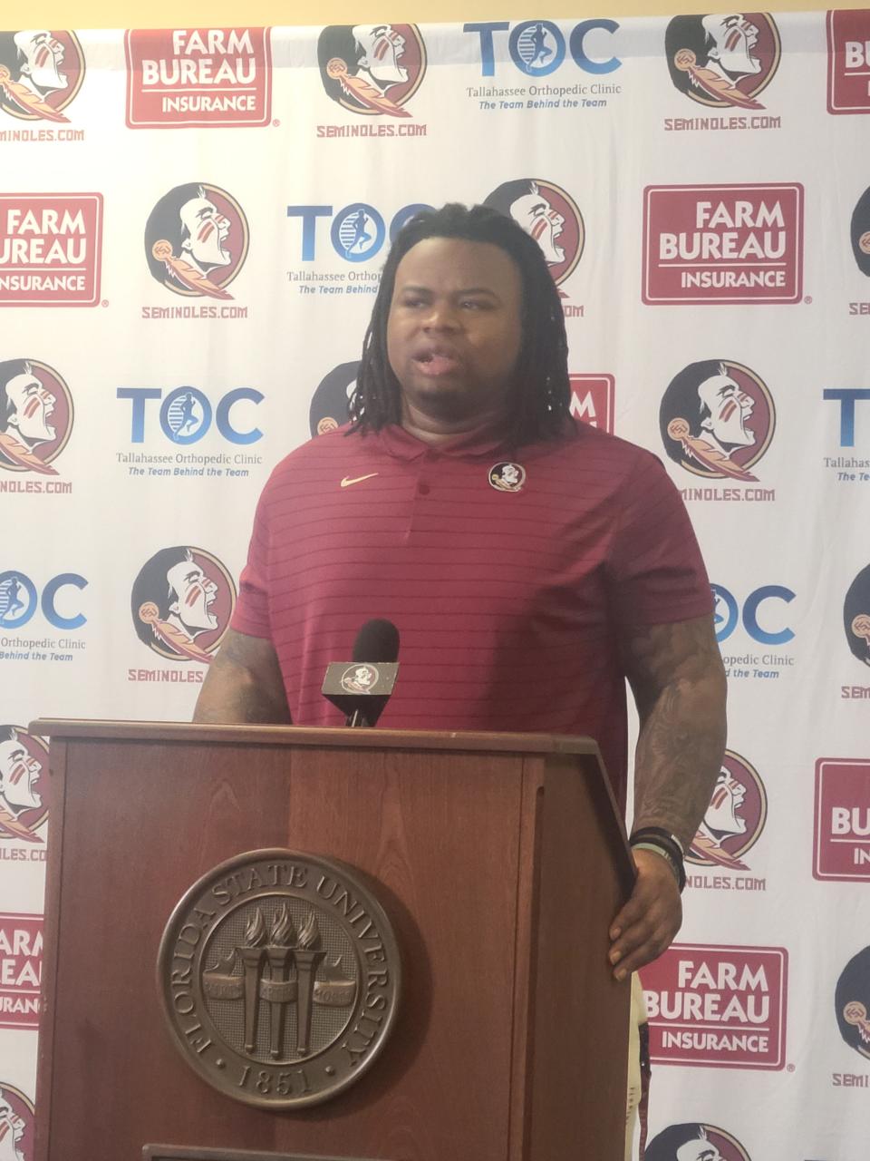 Florida State offensive lineman Keiondre Jones, a first-year transfer from Auburn, speaks during his introductory press conference on Jan. 26, 2023.