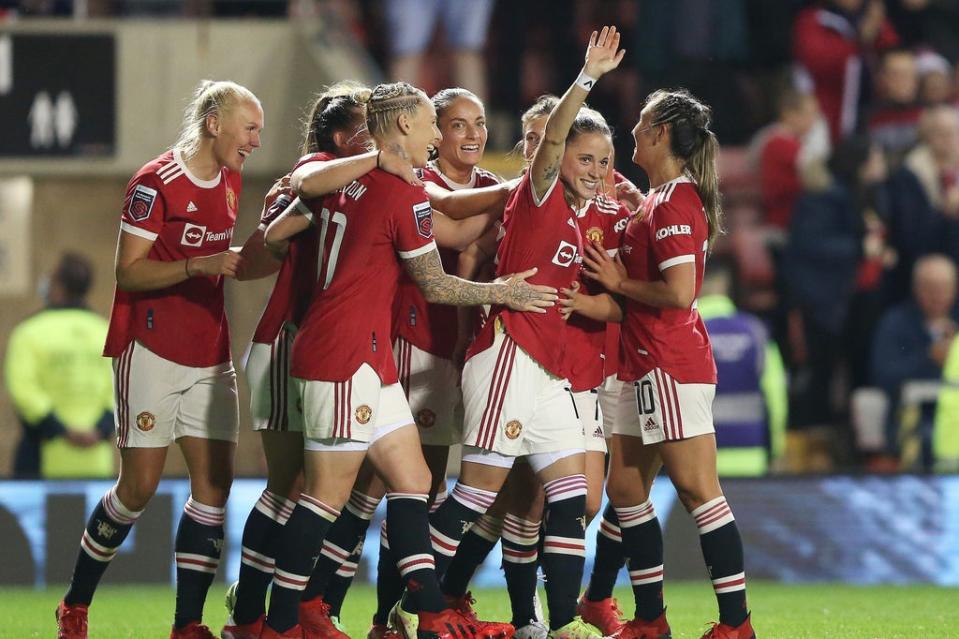 Ona Batlle celebrates scoring for Manchester United against Reading in the WSL opener  (The FA via Getty Images)