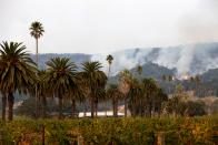 <p>Smoke and flames rise as a wildfire from the Santa Rosa and Napa Valley moves through the area in Calif., on Oct. 10, 2017. (Photo: Tayfun Coskun/Anadolu Agency/Getty Images) </p>