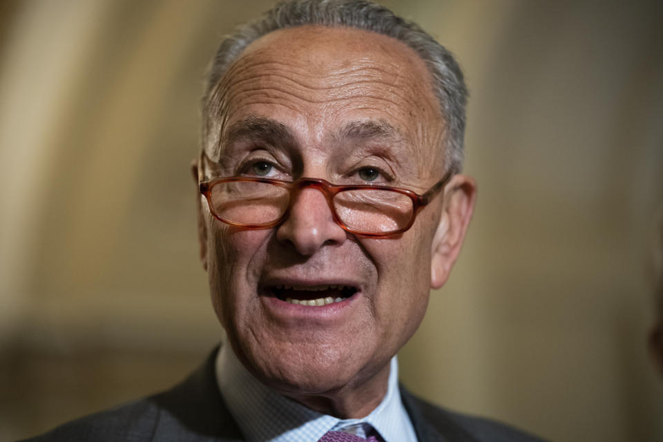 Senate Minority Leader Chuck Schumer, D-N.Y., condemns remarks by President Donald Trump as he speaks to reporters following a Democratic policy meeting, at the Capitol in Washington, Tuesday, July 16, 2019. (AP Photo/J. Scott Applewhite)