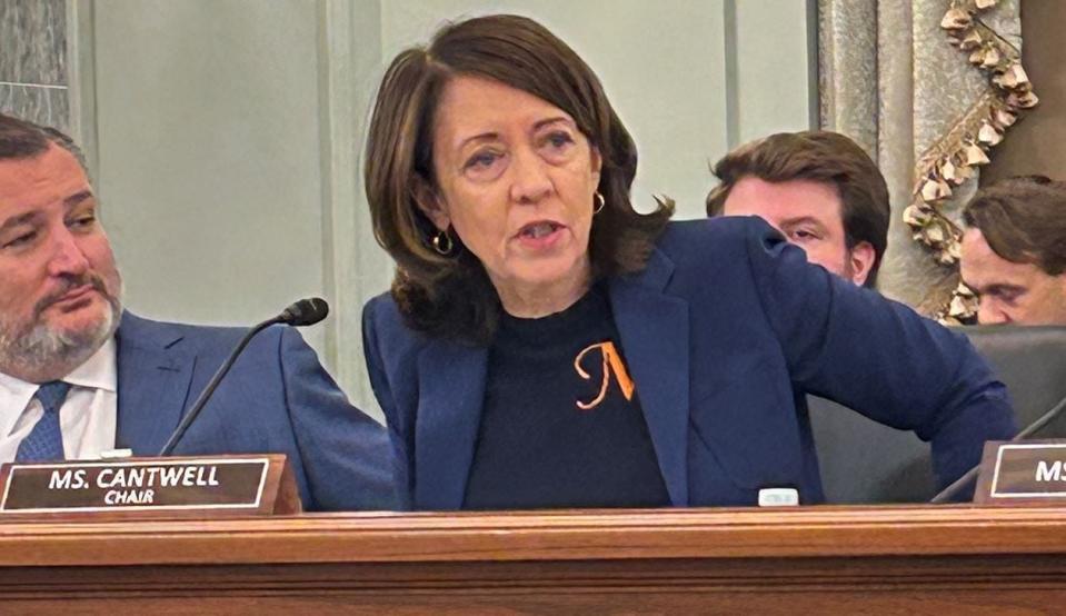 Committee chair Sen. Maria Cantwell, D-Wash., speaks at a Senate Committee on Commerce, Science, and Transportation hearing, Wednesday, Oct. 18, 2023 in Washington, D.C.