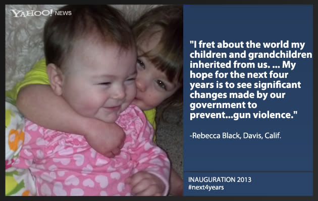 Rebecca Black writes: "Like many parents and grandparents, I fret about the world my children and grandchildren inherited from us. The horrifying shooting and loss of so many little children in Sandy Hook tore at my heart, creating images that any of those innocents could be one of mine. A similar killing took place not far from here in 1989 when a young man shot five children under the age of 10 on a schoolyard in Stockton. It could happen again. My hope for the next four years is to see significant changes made by our government to prevent this type of gun violence."