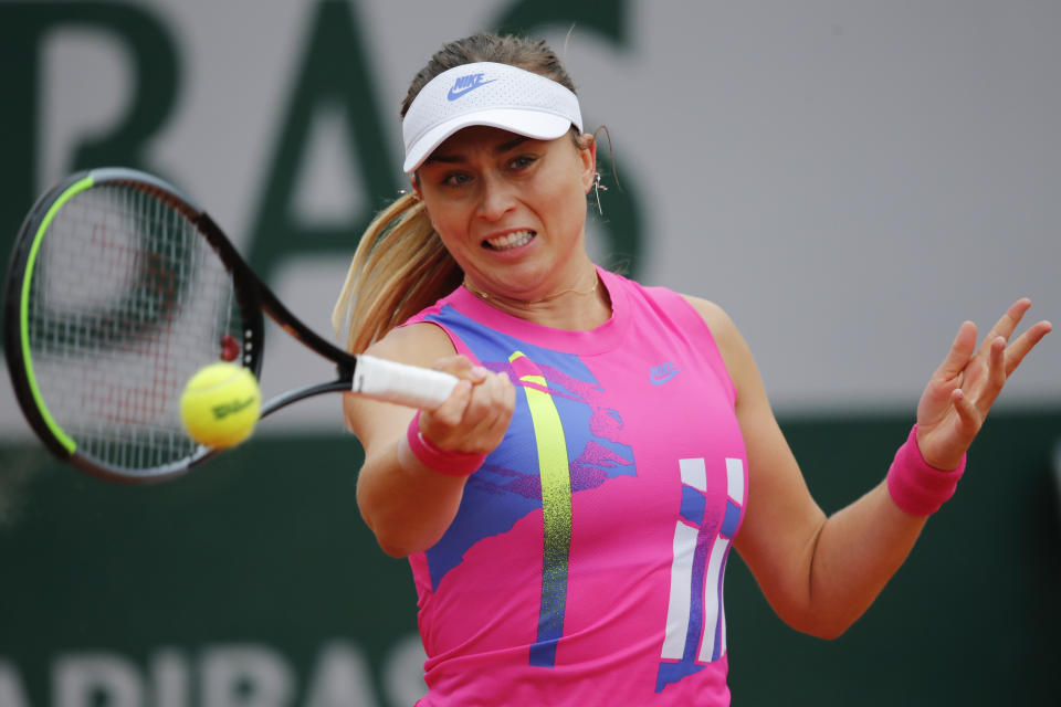 FILE - In this Oct. 5, 2020 file photo, Spain's Paula Badosa plays a shot against Germany's Laura Siegemund in the fourth round match of the French Open tennis tournament at the Roland Garros stadium in Paris, France. Badosa who is in Melbourne for the Australian Open says she tested positive for COVID-19. She wrote on Twitter, Thursday, Jan. 21, 2021, that she received her test result for the illness on the seventh day of her hard quarantine in Australia. (AP Photo/Christophe Ena, File)