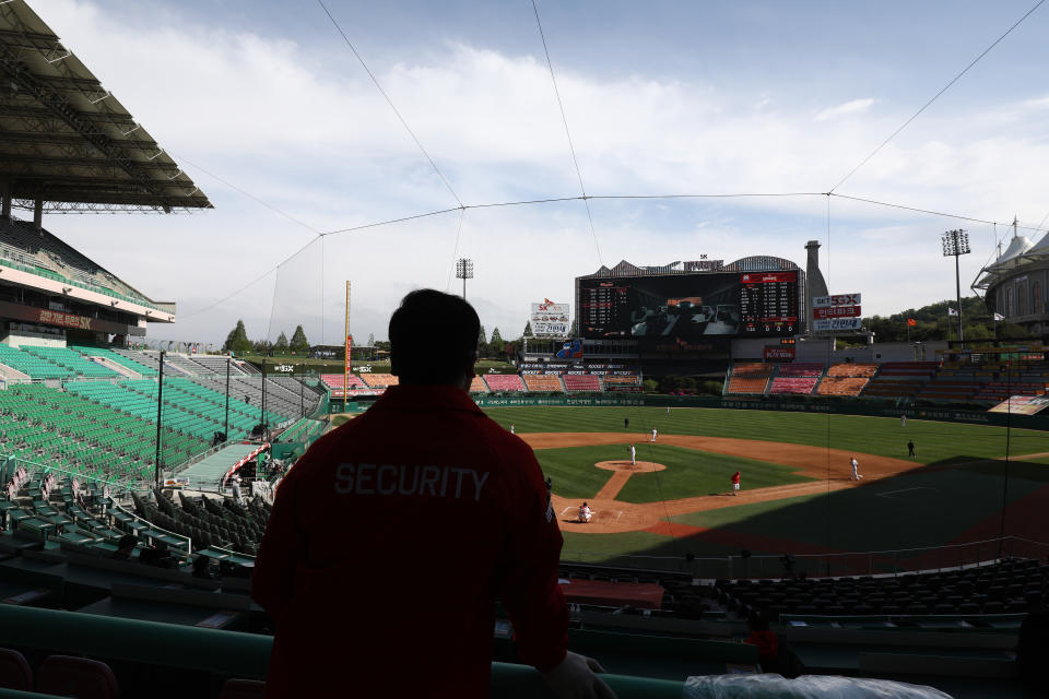 INCHEON, SOUTH KOREA - MAY 05: (EDITORIAL USE ONLY) General view of the Korean Baseball Organization (KBO) League opening game between SK Wyverns and Hanwha Eagles at the empty SK Happy Dream Ballpark on May 05, 2020 in Incheon, South Korea. The 2020 KBO season started after being delayed from the original March 28 Opening Day due to the coronavirus (COVID-19) outbreak. The KBO said its 10 clubs will be able to expand their rosters from 28 to 33 players in 54 games this season, up from the usual 26. Teams are scheduled to play 144 games this year. As they prepared for the new beginning, 10 teams managers said the season would not be happening without the hard work and dedication of frontline medical and health workers. South Korea is transiting this week to a quarantine scheme that allows citizens to return to their daily routines under eased guidelines. But health authorities are still wary of "blind spots" in the fight against the virus cluster infections and imported cases. According to the Korea Center for Disease Control and Prevention, 3 new cases were reported. The total number of infections in the nation tallies at 10,804. (Photo by Chung Sung-Jun/Getty Images)