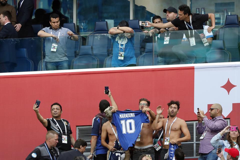 <p>Diego Maradona is praying during the 2018 FIFA World Cup Russia group D match between Nigeria and Argentina at the Saint Petersburg Stadium on June 26, 2018 in Saint Petersburg, Russia(Photo by VI Images via Getty Images) </p>