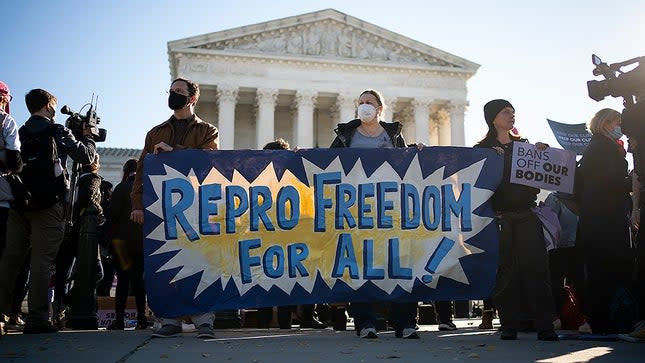 Pro-choice activists demonstrate outside the Supreme Court in Washington, D.C., Monday, November 11, 2021 as the court hears oral arguments for Whole Woman's Health v. Jackson and United States v. Texas regarding the Texas abortion laws.