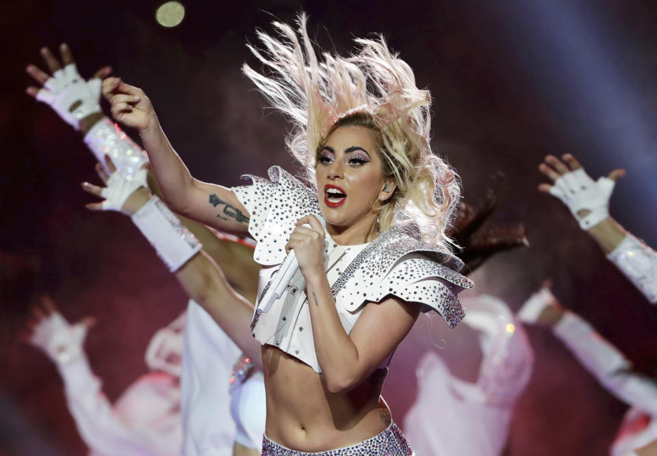 FILE - In this Feb. 5, 2017 file photo, Lady Gaga performs during the halftime show of the NFL Super Bowl 51 football game between the Atlanta Falcons and the New England Patriots in Houston. Lady Gaga will make history when she performs at the Coachella Valley Music and Arts festival this weekend, marking a decade since a solo woman has been billed as a headliner on the prestigious musical stage. (AP Photo/Matt Slocum, File)