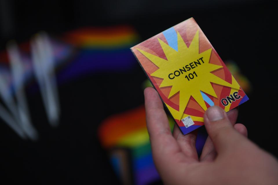 A pamphlet on how to properly communicate sexual consent on Tuesday, Oct. 10, 2023 at Muenster University Center in Vermillion, South Dakota.