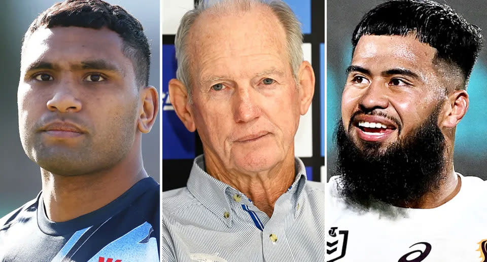 Pictured left to right, Tevita Pangai Jr, Wayne Bennett and Payne Haas.