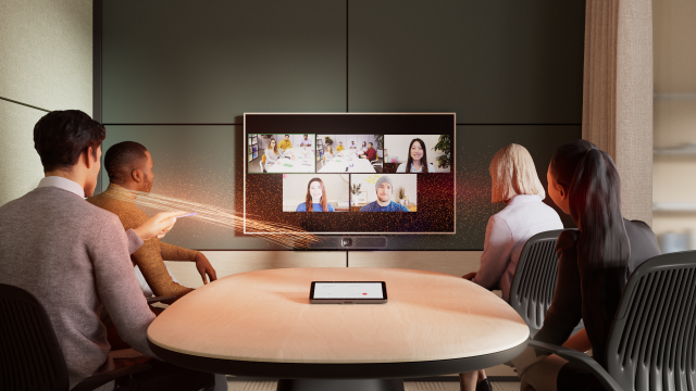 The new Logitech Meet2 video bar in a conference room. . 