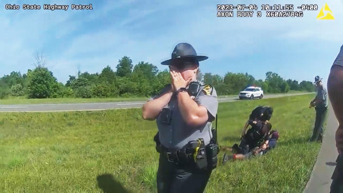  Jadarrius Rose is handcuffed after dog was pulled away.  (Ohio State Highway Patrol)