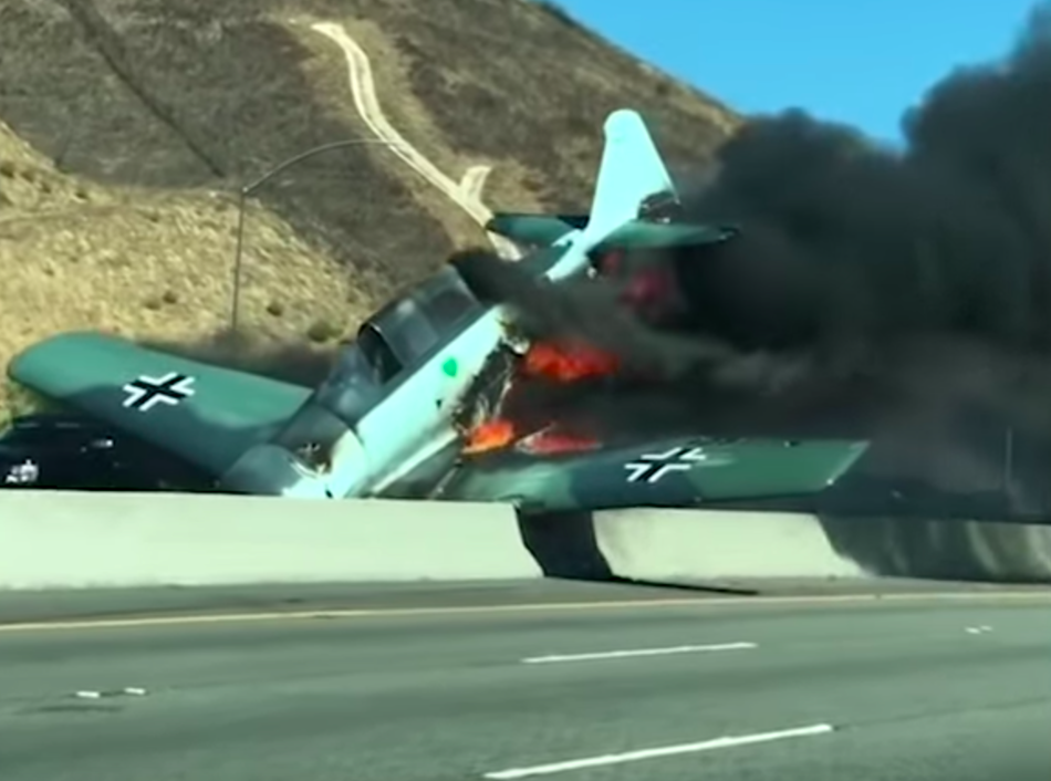 <em>The small plane – featuring the markings of Germany’s Luftwaffe – crashed onto a motorway in California (Caters)</em>