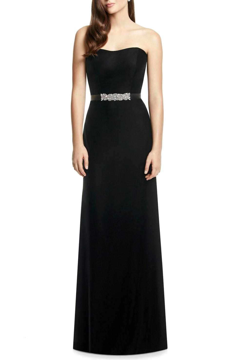 <i>Get the <a href="https://shop.nordstrom.com/s/dessy-collection-embellished-belt-strapless-velvet-gown/4696997/full" target="_blank" rel="noopener noreferrer">Dessy Embellished Belt Strapless Velvet Gown </a>for $270.&nbsp;</i>