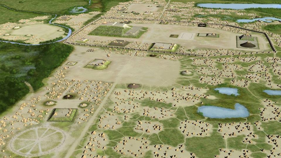 Artists conception of the Mississippian culture Cahokia Mounds Site in Illinois. The illustration shows the large Monks Mound at the center of the site with the Grand Plaza to its south. This central precinct is encircled by a palisade. Three other plazas surround Monks Mound to the west, north and east. To the west of the western plaza is the Woodhenge circle of cedar posts.