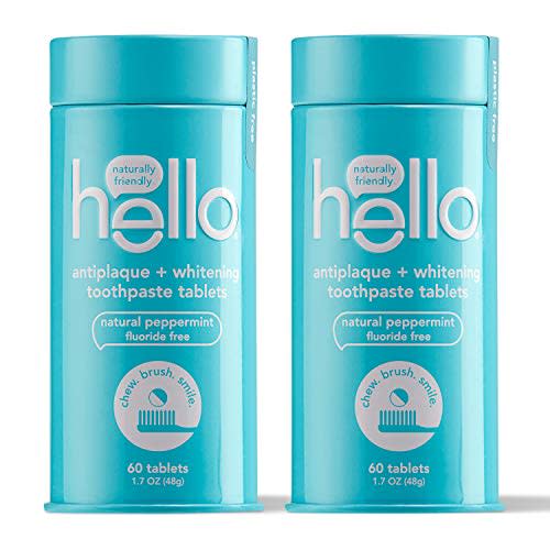 Hello Antiplaque + Whitening Toothpaste Tablets Gently Remove Surface Stains, Delicious Farm Fresh Peppermint, Fluoride Free, 2 Plastic-Free, Travel-Friendly, & Reusable Metal Containers, 120 Tablets (Amazon / Amazon)