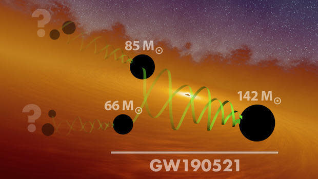 This artist's concept illustrates a hierarchical scheme for merging black holes. LIGO and Virgo recently observed a black hole merger with a final mass of 142 times that of the sun, making it the largest of its kind observed in gravitational waves to date. Scientists think that these black holes may have themselves formed from the earlier mergers of two smaller black holes, as indicated in the illustration. / Credit: LIGO/Caltech/MIT/R. Hurt (IPAC)
