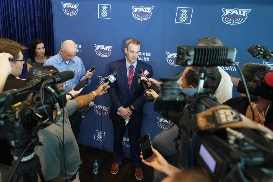 Tom Herman meets the South Florida media Friday during his introductory news conference at FAU.