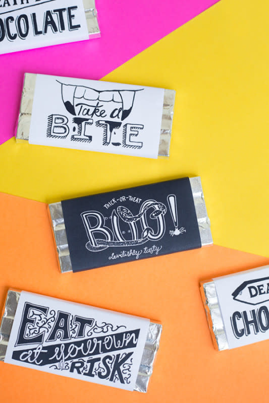 <p>Studio DIY</p><p>Are regular candy wrappers simply not going with the rest of your party decor? Head over to <a href="https://studiodiy.com/halloween-chocolate-bar-free-printables//" rel="nofollow noopener" target="_blank" data-ylk="slk:Studio DIY;elm:context_link;itc:0;sec:content-canvas" class="link rapid-noclick-resp">Studio DIY</a> to get some scary printable ones!</p><p><strong>Related: 35+ <a href="https://parade.com/936879/juliajordan/best-food-and-drink-recipes-for-halloween-parties/" rel="nofollow noopener" target="_blank" data-ylk="slk:DIY Halloween Food and Drink Recipes;elm:context_link;itc:0;sec:content-canvas" class="link rapid-noclick-resp">DIY Halloween Food and Drink Recipes</a></strong></p>