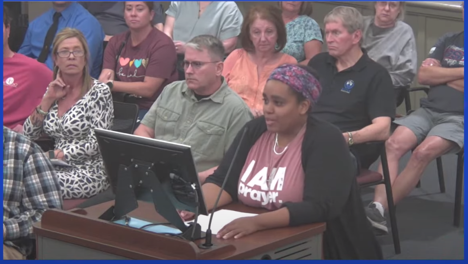 Tiffany Benson, an employee of Turning Point USA, the conservative group started by Charlie Kirk, speaks at the April 27, 2023 meeting of the Peoria Unified School District governing board. This is a screenshot of the meeting posted by the district on YouTube.