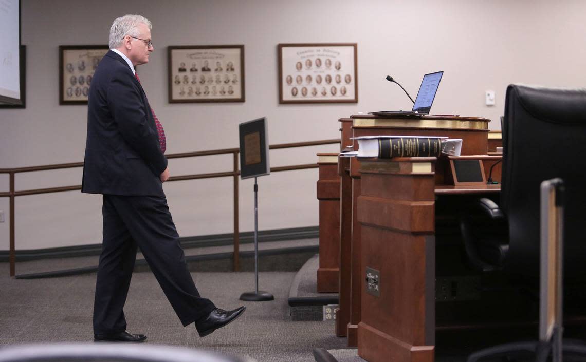 S.C. Treasurer Curtis Loftis steps back towards the podium following a break after senate members invited the room to reset after one of many heated exchanges on Tuesday, April 2, 2024 during a Finance Constitutional Subcommittee meeting concerning $1.8 billion that has been discovered in an account. (Travis Bell/STATEHOUSE CAROLINA)