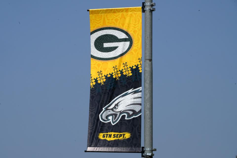 Sep 4, 2024; Sao Paolo, Brazil; A street banner at Arena Corinthians aka Neo Qu’mica Arena promoting the 2024 NFL Sao Paolo game between the Philadelphia Eagles and the Green Bay Packers. Mandatory Credit: Kirby Lee-Imagn Images