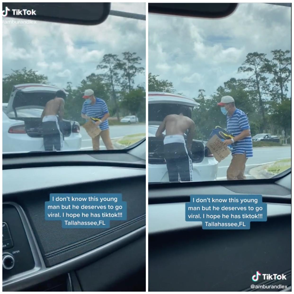 TikTok screenshots show a shirtless college student, Jabari Richardson, reaching into his car's trunk and handing a man his belongings.