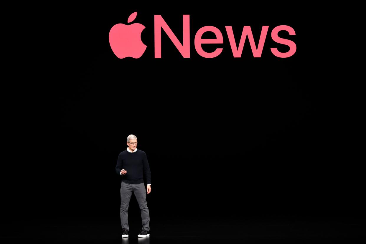 Apple Inc. CEO Tim Cook speaks during an Apple product launch event at the Steve Jobs Theater at Apple Park on March 25, 2019 in Cupertino, California.