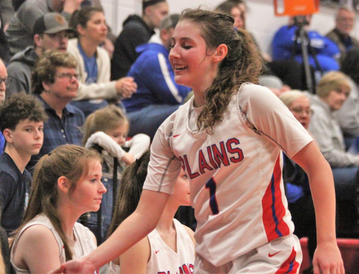 Pleasant Plains' Adi Fraase heads to the bench during the fourth quarter during a Sangamo Conference girls basketball home game against Petersburg PORTA/A-C Central on Wednesday, Feb. 8, 2023.