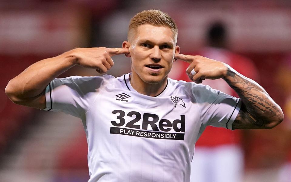 Derby County's Martyn Waghorn celebrates scoring his side's first goal of the game during the Sky Bet Championship - PA