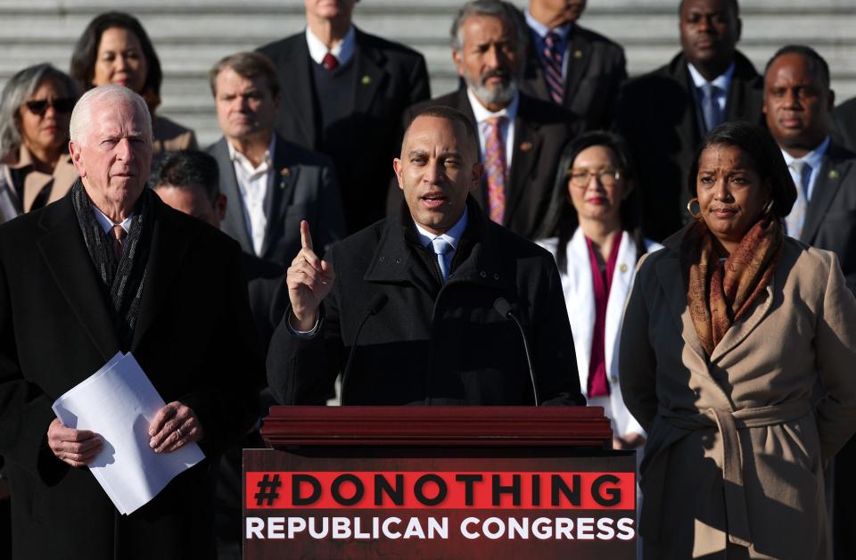 U.S. House Minority Leader Hakeem Jeffries, D-N.Y., joined by fellow Democratic lawmakers, speaks on gun legislation during a press conference at the U.S. Capitol on December 14, 2023 in Washington, DC.