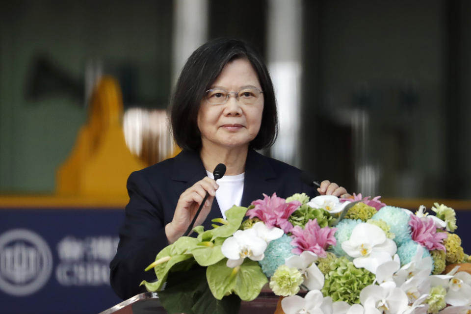 Taiwan's President Tsai Ing-wen delivers a speech during the naming and launching ceremony of domestically-made submarines at CSBC Corp's shipyards in Kaohsiung, southern Taiwan, Thursday, Sept. 28, 2023. Tsai launched the island's first domestically made submarine for testing Thursday. (AP Photo/Chiang Ying-ying)