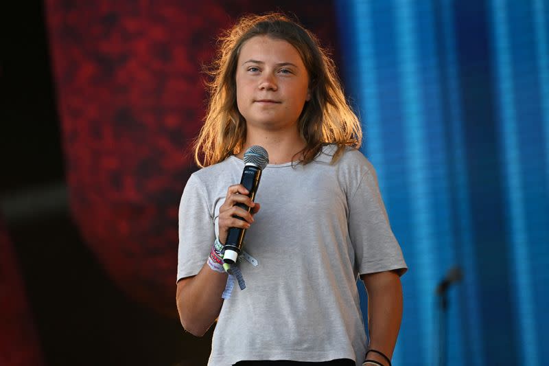 Climate activist Greta Thunberg speaks on the Pyramid stage at Worthy Farm in Somerset during the Glastonbury Festival