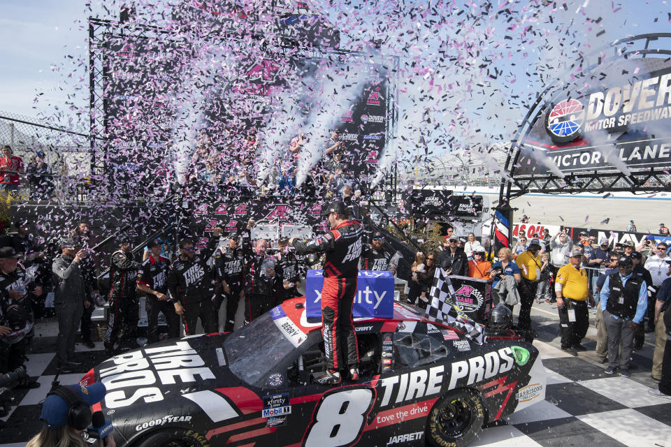 Josh Berry (8) celebrates his win at the NASCAR Xfinity Series auto race at Dover International Speedway, Saturday, April 30, 2022, in Dover, Del. (AP Photo/Jason Minto)