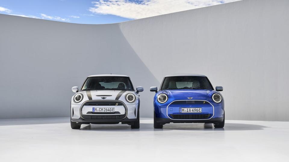 2025 mini cooper electric lineup in a white and blue all lined up in a photo studio