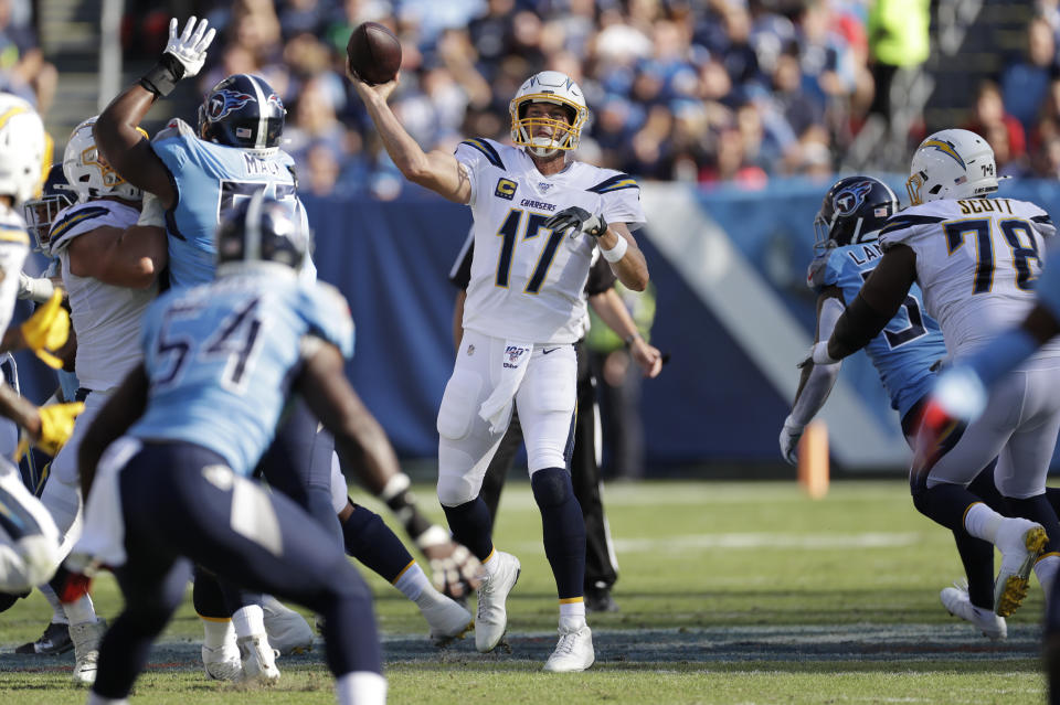 Los Angeles Chargers quarterback Philip Rivers (17) passes against the Tennessee Titans in the first half of an NFL football game Sunday, Oct. 20, 2019, in Nashville, Tenn. (AP Photo/James Kenney)