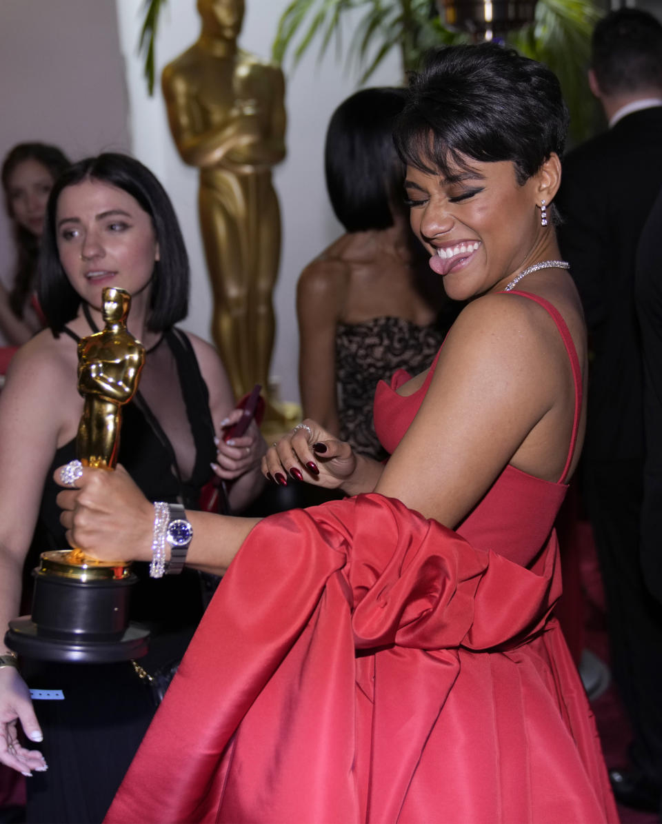 Ariana DeBose, winner for best performance by an actress in a supporting role for "West Side Story," attends the Governors Ball after the Oscars on Sunday, March 27, 2022, at the Dolby Theatre in Los Angeles. (AP Photo/John Locher)