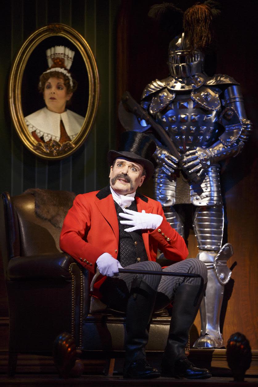 This theater image released by The O+M Company shows Jefferson Mays during a performance of "A Gentleman's Guide to Love and Murder," at the Walter Kerr Theatre in New York. (AP Photo/The O+M Company, Joan Marcus)