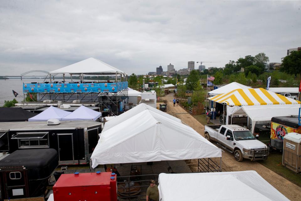 Booths in the Whole Hog section of the park are seen before the start of the Memphis in May World Championship Barbecue Cooking Contest at Tom Lee Park in Downtown Memphis on Wednesday, May 17, 2023.