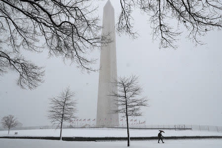 People brave the snow around the Washington Monument in Washington, U.S., March 21, 2018. REUTERS/Leah Millis