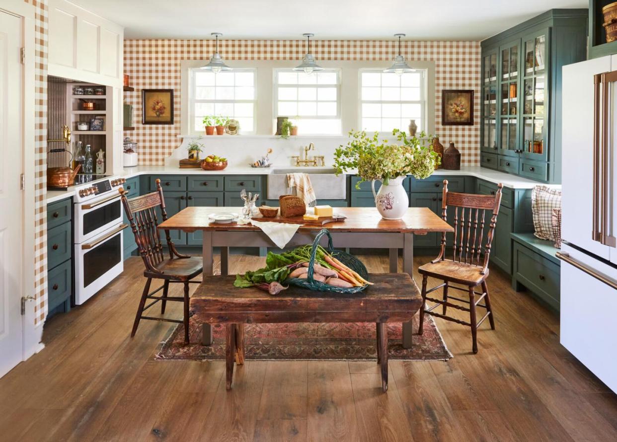 farmhouse kitchen with gingham wallpaper