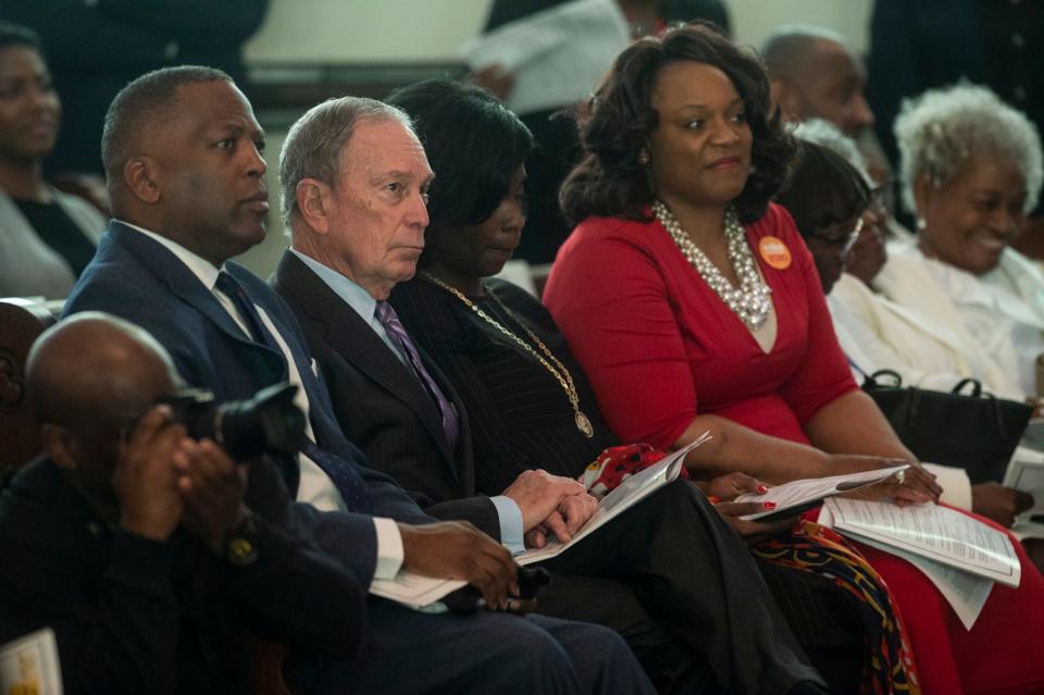Presidential candidate Mike Bloomberg joins the crowd at Brown Chapel AME Church in Selma, Ala., on Sunday, March 1, 2020. 
